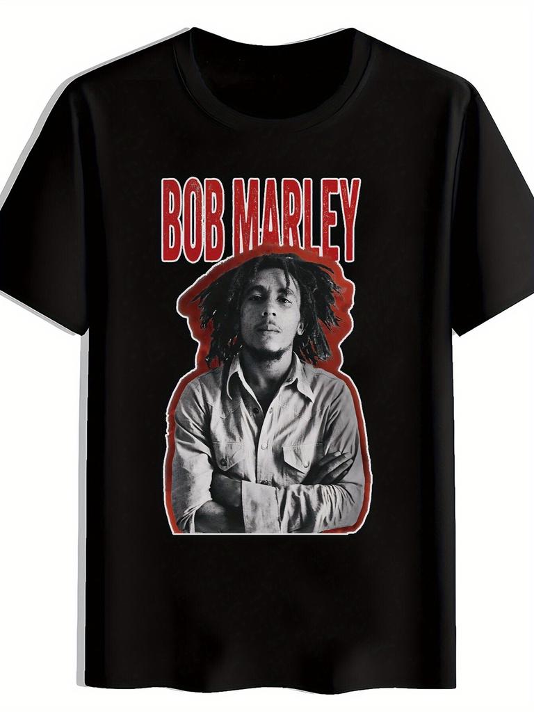 Bob Marley Graphic T-shirt - Black Casual Crew Neck Tee with Rastafarian Colors