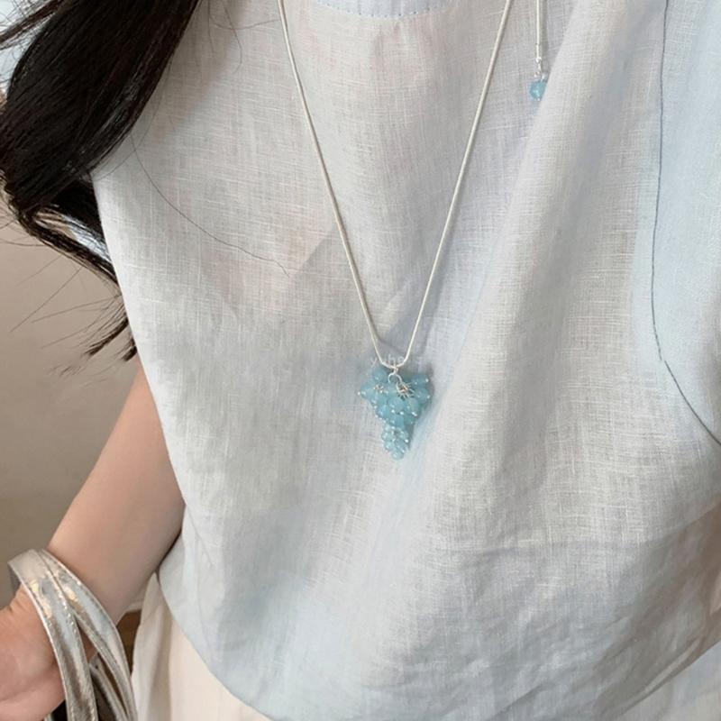 Crystal Grape Shape Necklace Colorful Long Style Adjustable Drawstring Sweater Chain for Women Casual Party Office Wear Jewelry