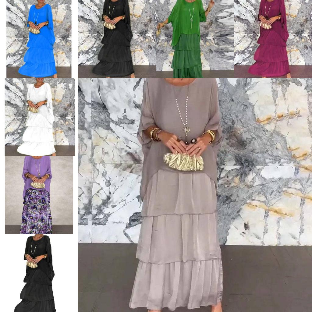 Polyester Chiffon Batwing Sleeve Long Dress With Ruffle And Loose Waist For Spring Fashion