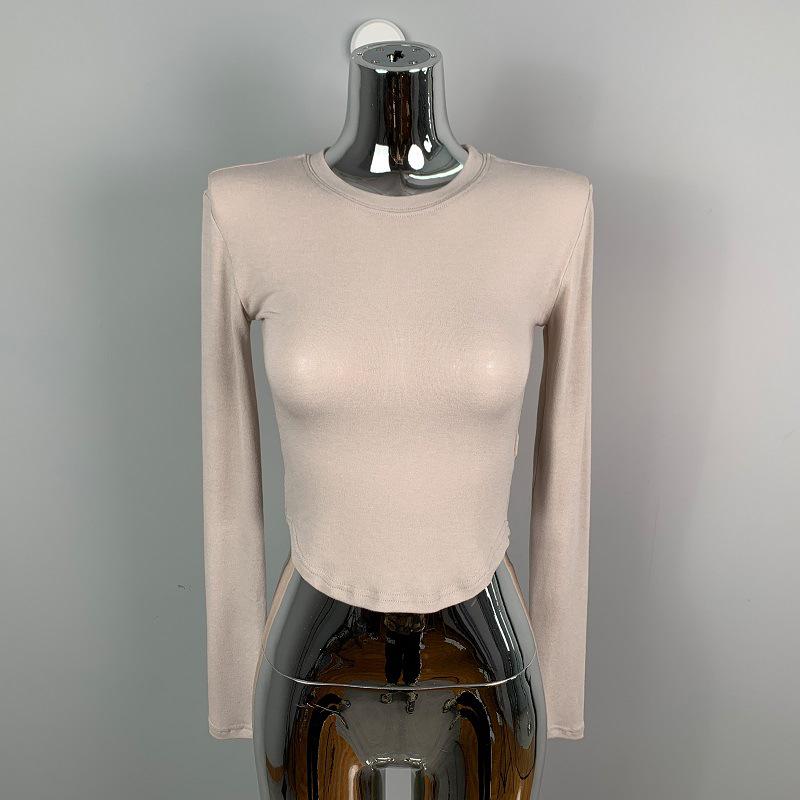 

Women s Slim-Fit Dark Blue Round Neck Long-Sleeve Curved Hem T-Shirt Suitable for up to 50kg бежевий