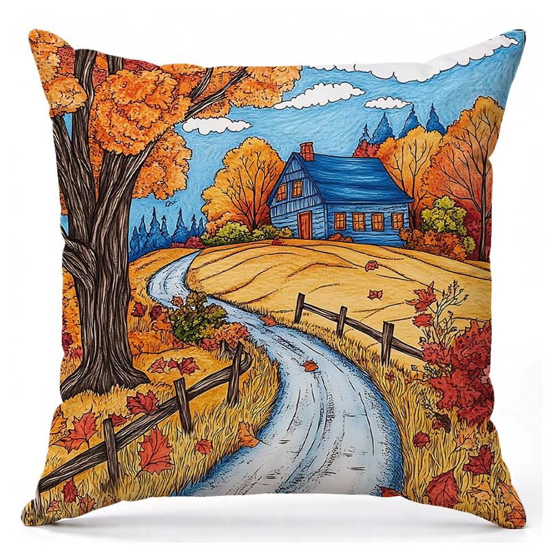 Autumn Countryside Scenes Printed Decorative Throw Pillows Square Polyester Pillowcase, Modern Sofa Decorative Cushion Cover