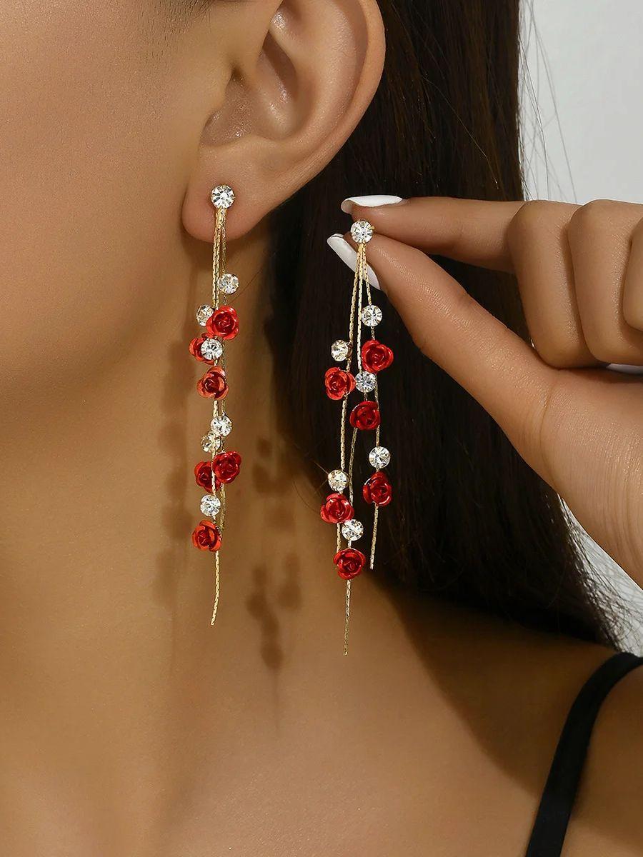 Rose flower earrings Korean version light luxury long tassel earrings popular versatile earrings for women
