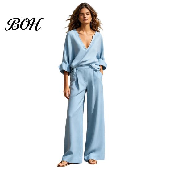 Versatile Casual Women Suit Women's 2 Piece Cotton Linen Set, Long Sleeve V Neck Blouse Comfortable Outfit And Wide Leg Pants Matching Summer Vacation