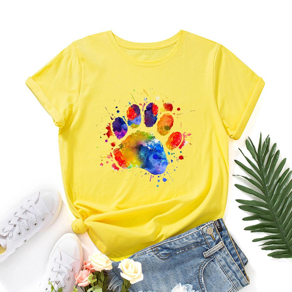 Dog Paw Pattern Cotton T-Shirt Short Sleeve Round Neck Women 2d Print Tops