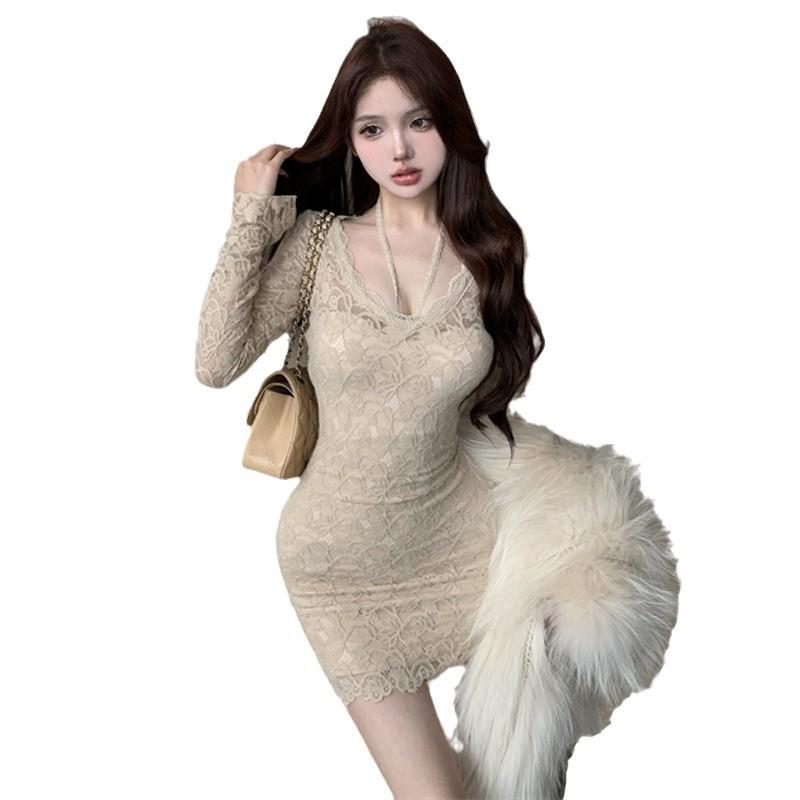 2025 Fashion Women's French Pure Desire V-Neck Lace Long Sleeve Slim Dress