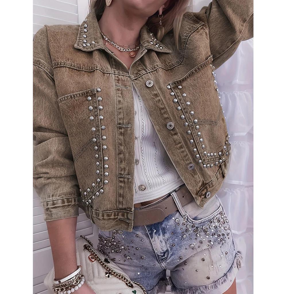 New Arrival Women's Plus Size Beaded Stretch Denim Top Jacket