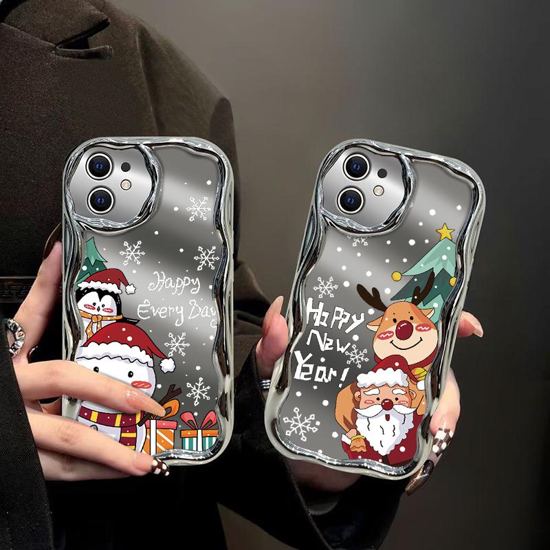 Roztomilý Merry Christmas Pattern Mirrror Shockproof Phone Case pro iPhone 15 Pro Max 14 13 Pro 12 11 Wave Frame Ochrana čočky Lesklé pokovování měkký kryt
