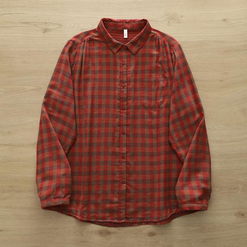Women Plaid Shirts Cotton Yarn Long Sleeve Blouses Casual Loose Lady Tops Female Clothes