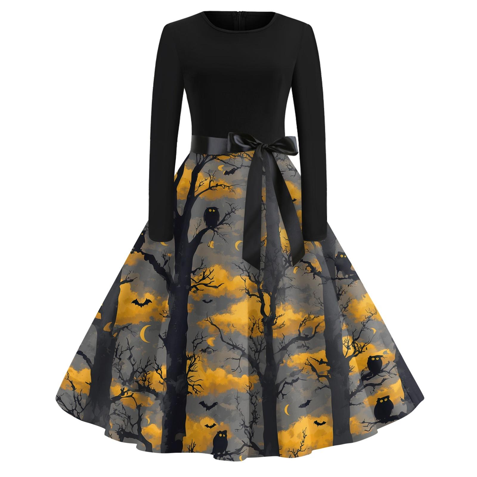 Women s Casual Vintage Halloween Dress Long Sleeve Round Neck A-Line Midi Dress with Bow Waistband and Pumpkin Print Skirt XXL