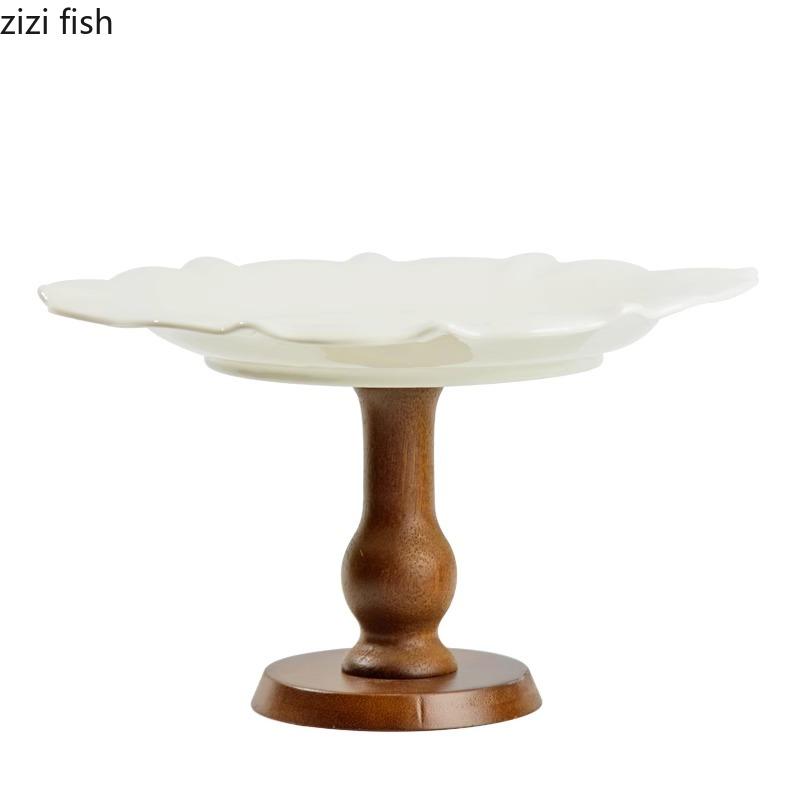 Vintage Simplicity Ceramic Fruit Plate Creative Wood High Foot Snack Plate Afternoon Tea Cake Display Plate Household Products