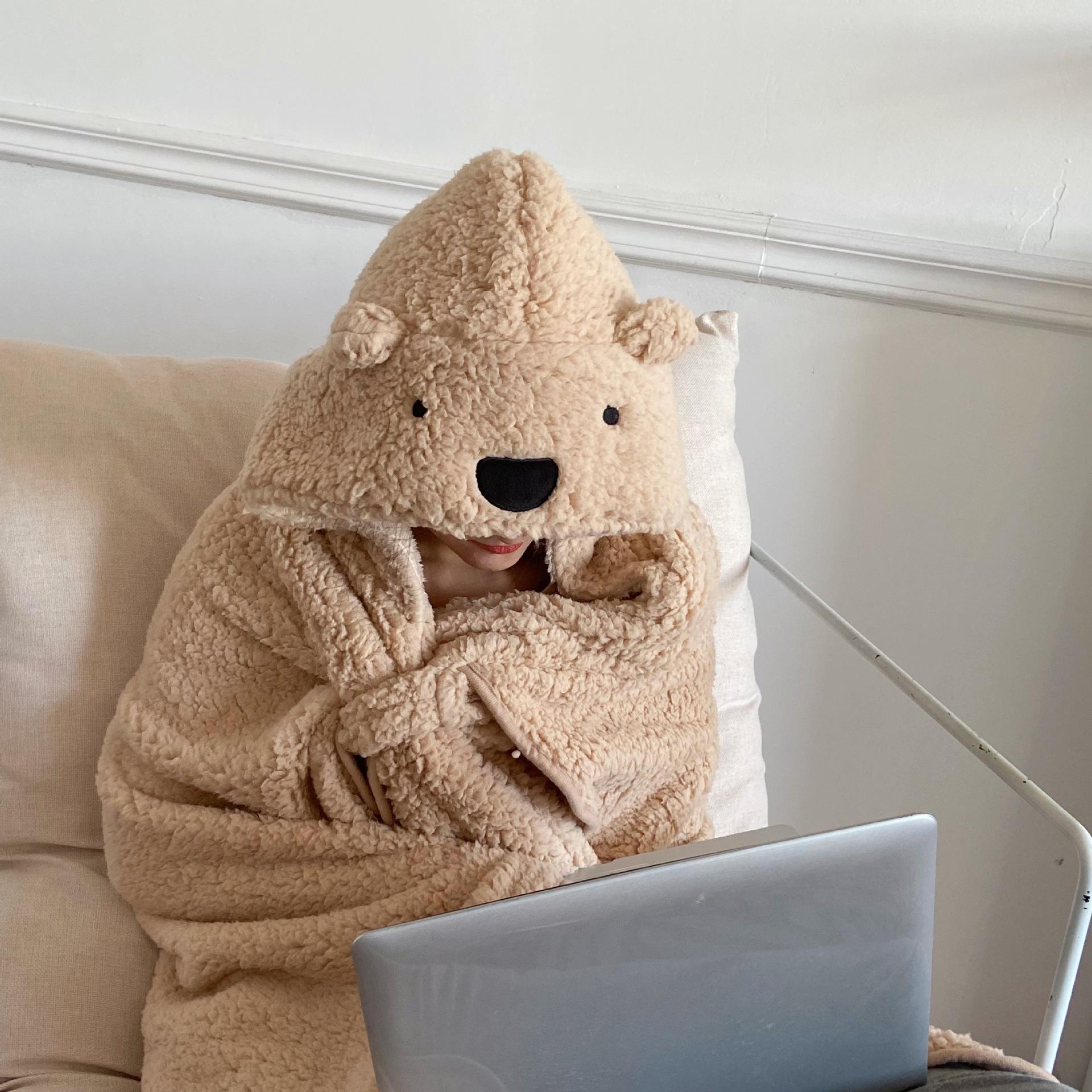 

Одеяло с капюшоном из флиса с медведем, зимнее теплое одеяло для офиса, спальни, гостиной, мягкое, милое одеяло, шаль 120*123cm бежевый