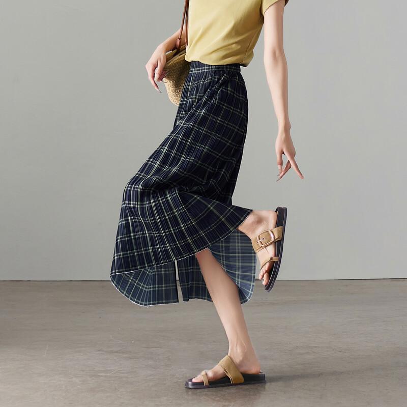 SOFSIL 2026 Summer Pleated Plaid Midi Skirt