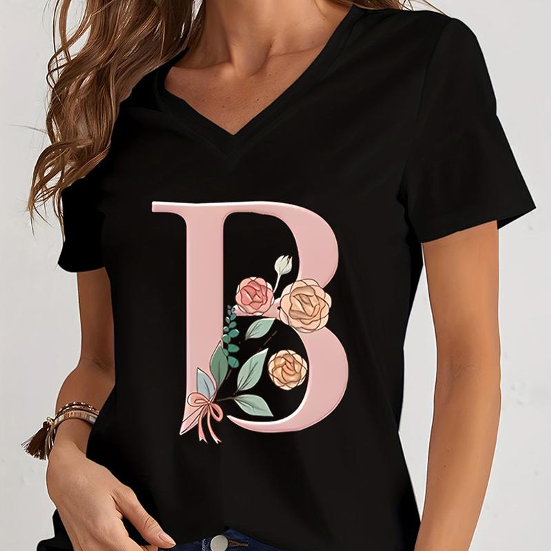 Cartoon Alphabet Flower Graphic Tee Womens Clothing Pink Flower Alphabet Gift Tshirt FeUnisex Vintage 26 Initials Flower Tshirt