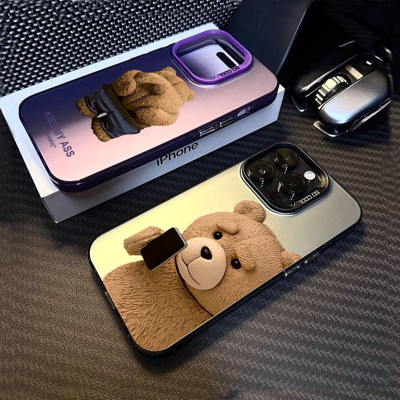 Cute Cartoon Brown Bear Electroplate Silver IMD Phone Case For iPhone 16 11 12 13 14 15 Pro Max 7 8 Plus 16E XS Shockproof Cover