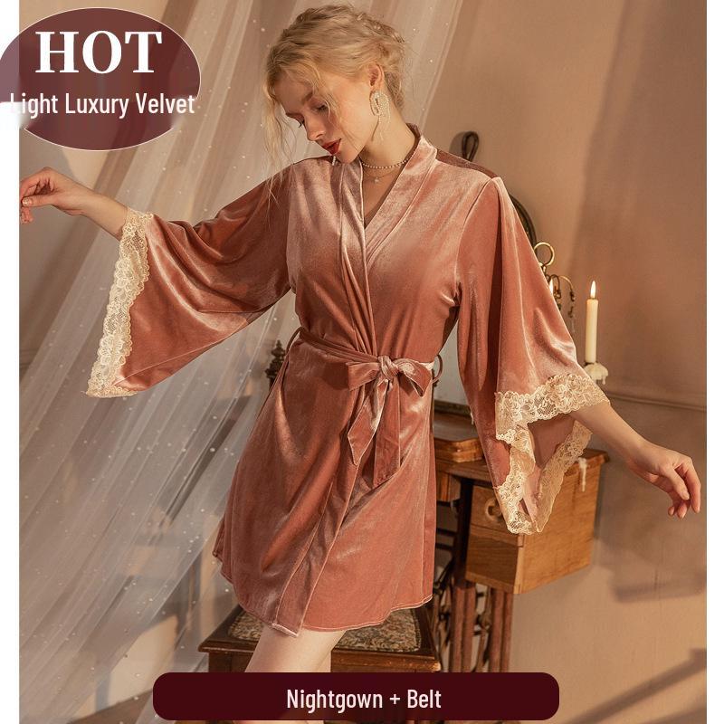 Women's Sexy Pajamas: Ice Silk Swaying Collar, Luxurious Mesh Suspender Nightgown with Outer Robe