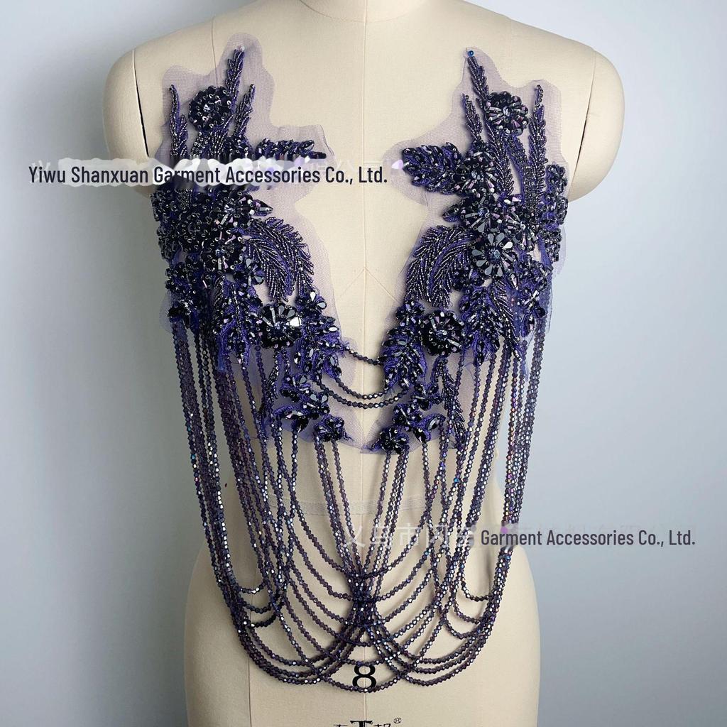 Handmade Beaded Tassel Wedding Dress Shoulder Ornaments with Crystal Diamond Lace Applique