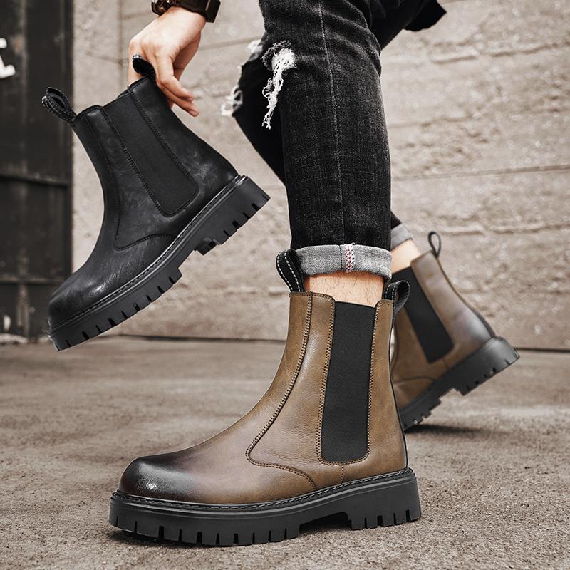 FashionDesigner Mens 2024 Spring Autumn Chelsea Ankle Motorcycle Chelsea Safety Platform Cowboy Boots Genuine Leather Shoes for Men