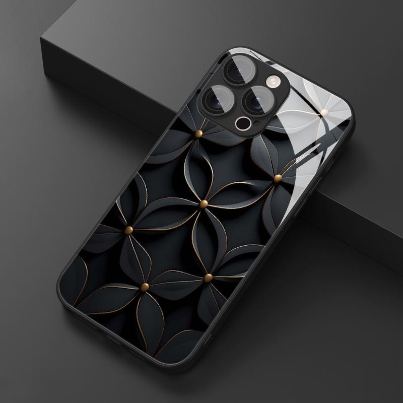 Black artistic flower Tempered Glass Phone Case For iPhone 17 Pro Max 11 12 13 14 15 16 Pro 17Air 16E 7 8 Plus XR XS Max Cover