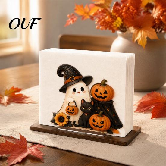 Paper Towel Stand Halloween Wooden Napkin Holder for Table, Ghost Pumpkin Black Cat Standing Holiday Dispenser, Kitchen Dining Table Dispenser