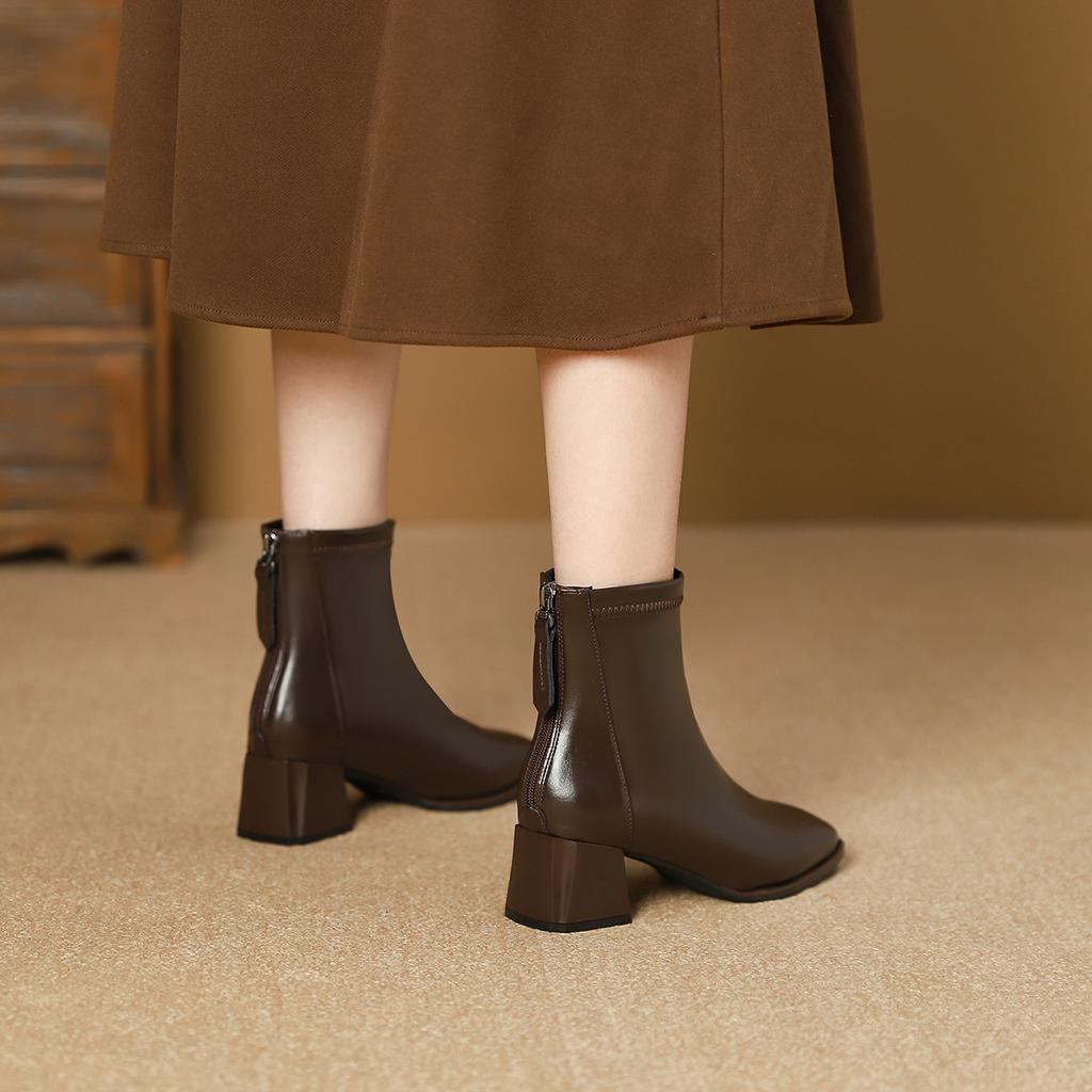 High Heel Square Head Short Boots Martin Boots Spring and Autumn Fleece Single Boots Women's Boots Rear Zipper Short Boots Women's Thick Heel Boots