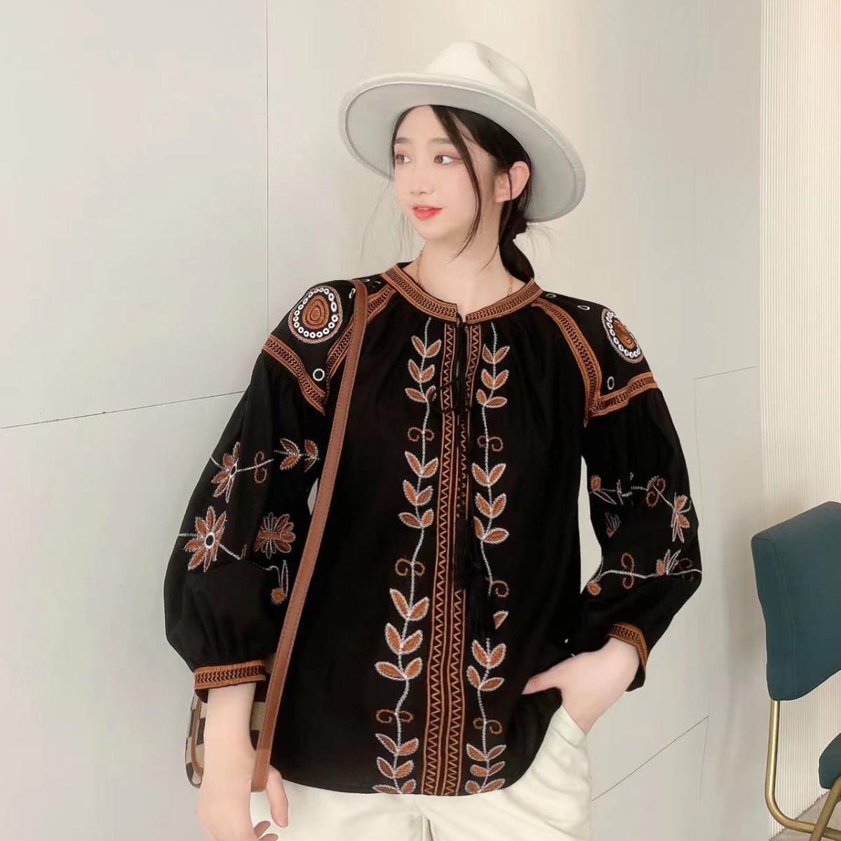 

Женская весенняя блузка в винтажном этническом стиле с длинным рукавом и круглым вырезом, свободная хлопковая рубашка с вышивкой из конопли, повседневная рубашка One Size чёрный