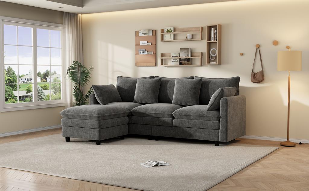 L-Shaped Corner Sofa with 4 Cushions and 3 Backrests, 3-Seater Sofa with Chaise Longue, Capacity up to 120 kg, Living Room Sofa 212×150×90 cm, Grey