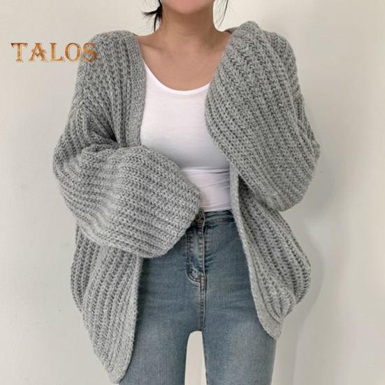 Pullovermantel für Damen, V-Ausschnitt, Laterne, lange Ärmel, offener Strickmantel, einfarbig, lässige Strickmode für den Alltag