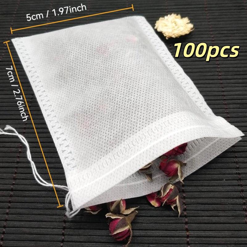 100Pcs Disposable Tea Bags Non-Woven Fabric Filter Bags with Drawstring for Loose Leaf Tea