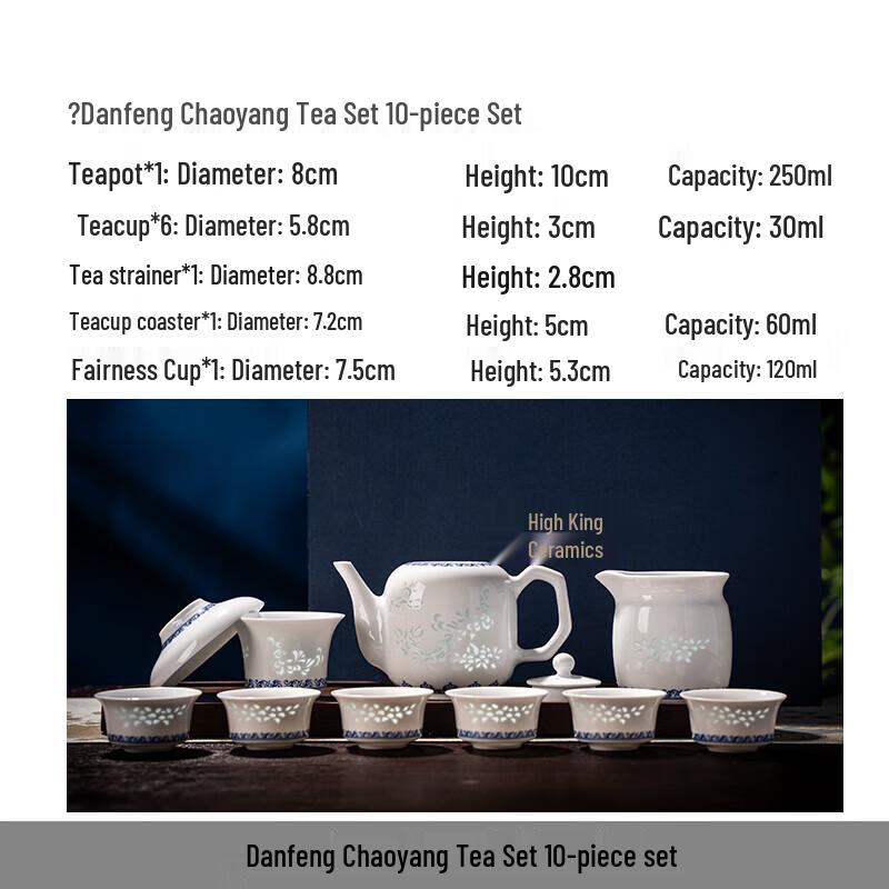 Jingdezhen Blue & White Linglong Ceramic Tea Set - Danfeng Chaoyang 10-Piece