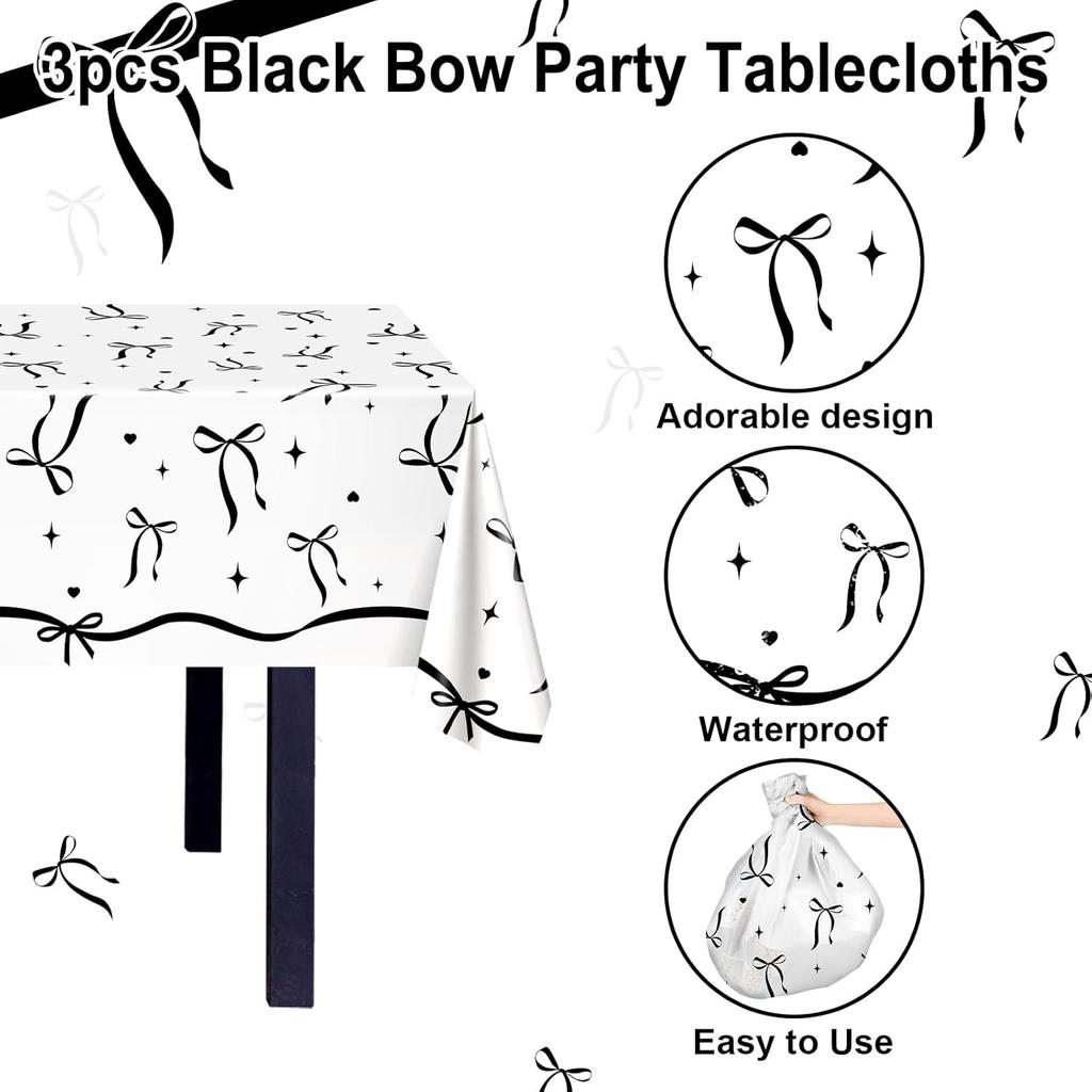 Avezano 3 pcs Black Bow Tablecloths 108 x 54 inch Bow Birthday Decorations Black and White Coquette Plastic Table Cover Disposable Bachelorette Party