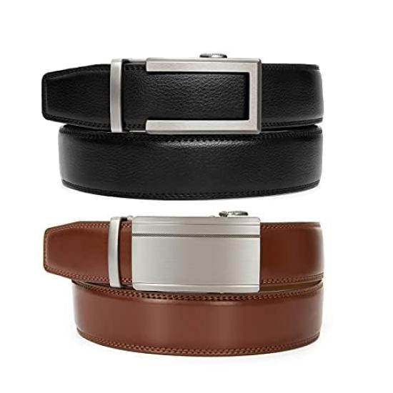 PlusZis Leather Ratchet Dress Big with Automatic Basic Black Gun Edge Adjustable Men's Belt, & Tall, Buckle, - Black. Waist 28"-68"