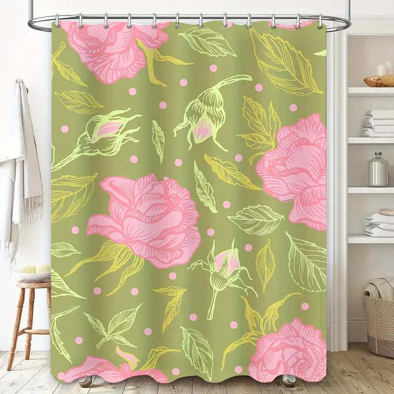 Vintage Floral Shower Curtainpink Peonies Green Leaves Olive Green Bath Mat Decor For Home Bathroom Decoration