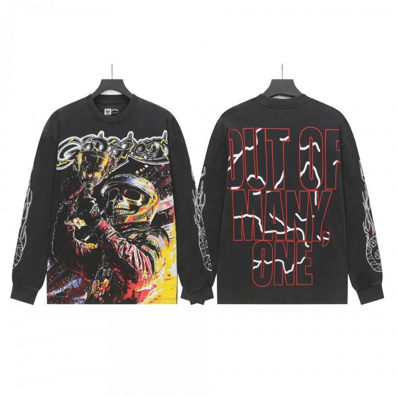 Unisex Vintage Skull Print Washed Cotton Long Sleeve Hoodie Streetwear Loose Fit