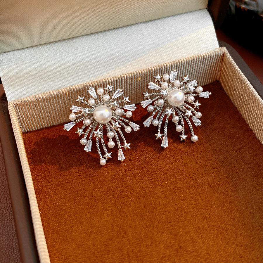 Silver needle New Year's red zircon fireworks pearl stud earrings retro temperament versatile earrings light luxury high-end earrings women