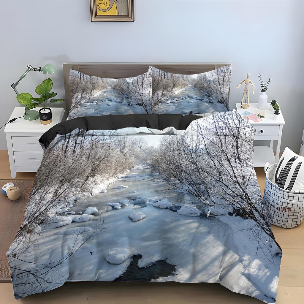 Snow Christmas Duvet Cover Set, Decorative 3 Piece Bedding Set With 2 Pillow Shams, Single King Queen Twin Size Bed Collection