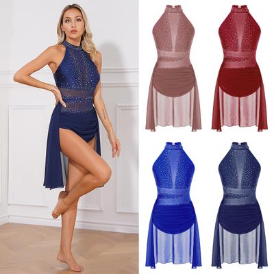 Womens Lyrical Dance Performance Costume Glittery Rhinestone Backless Dress Mock Neck Sleeveless Mesh Leotard Dresses