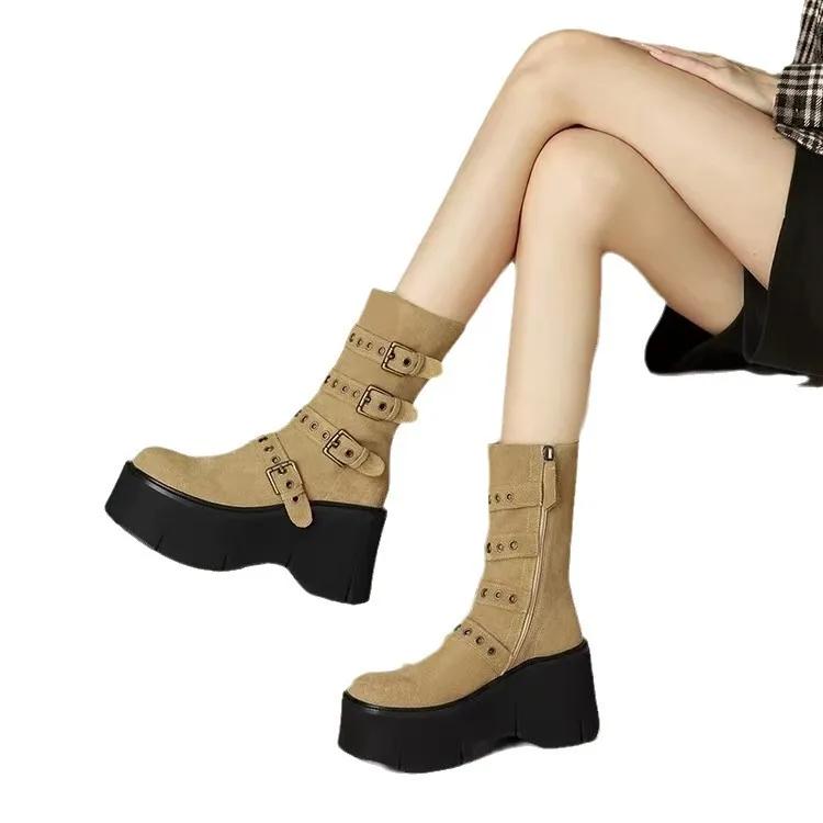 Women's Boots  Autumn New Super High Heel 6-8cm Wedges Thick Soled Boots Zipper Belt Buckle Anti Slip Outdoor Short Boots