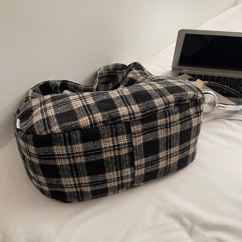 Vintage Plaid Handbag Lightweight Large Capacity Commuter Shoulder Bag