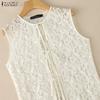 ZANZEA Women Casual Round Neck Sleeveless Lace Long Cardigan Tops