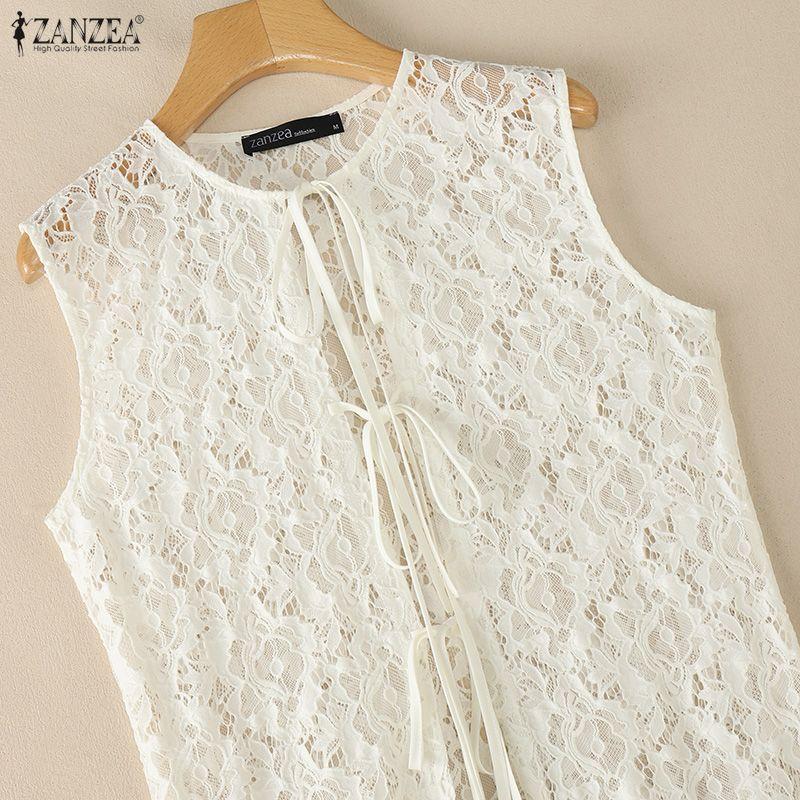 ZANZEA Women Casual Round Neck Sleeveless Lace Long Cardigan Tops