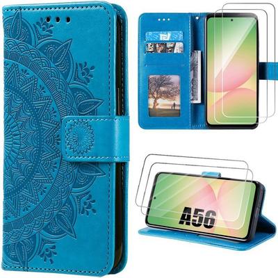 Coque pour Samsung Galaxy A56 5G - BOOLING - Antichoc Cuir PU Bleu Motif Floral Géométrique - 2 Verres Trempés