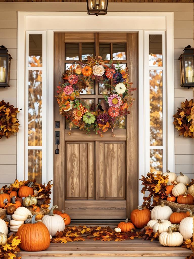1 Pcs Fall Wreath Vibrant 18'' Fall Wreath With Pumpkins & Flowers - Perfect For Thanksgiving Artificial Flowers Decorations