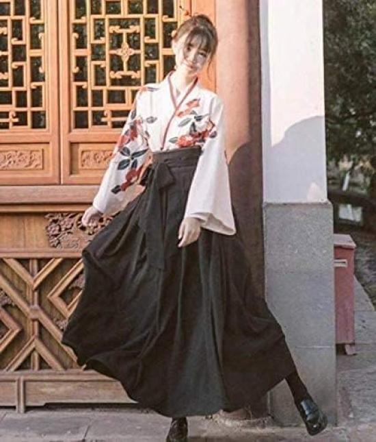Taisho Roman Japanese Japanese Ethnic Large Camellia Pattern [Lady Lazy] Hakama, Clothing, Kimono, Hanfu, Clothes, Cosplay, Costume, Women's, Size,