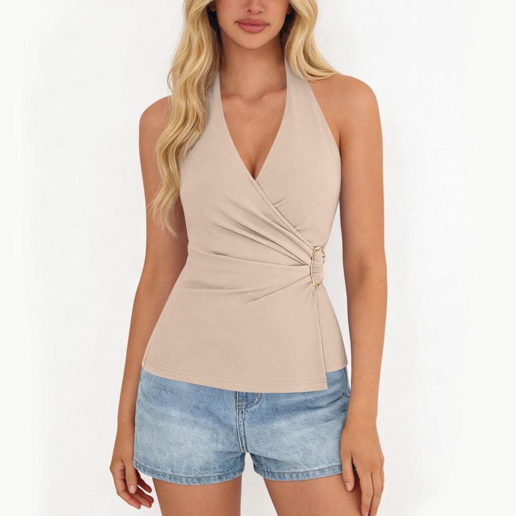 Women's Fashionable Plain Sleeveless V-neck Sexy Cross-Back  Top