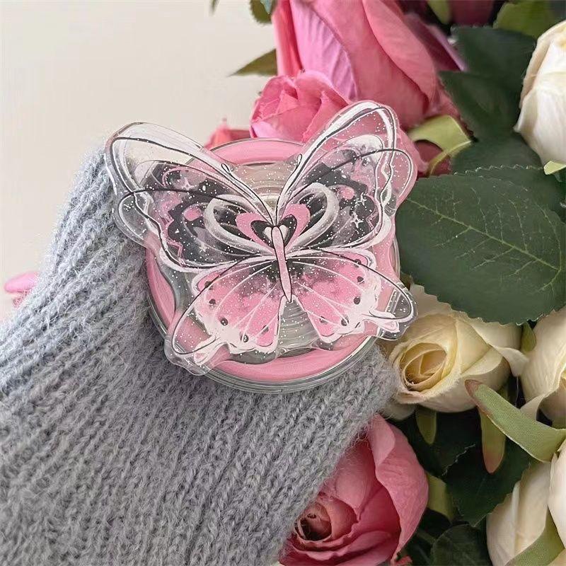 Korean Cute Pink Butterfly Magnetic Holder Phone Stand GripTok Grip Tok Support For For Magsafe Accessories Phone Holder
