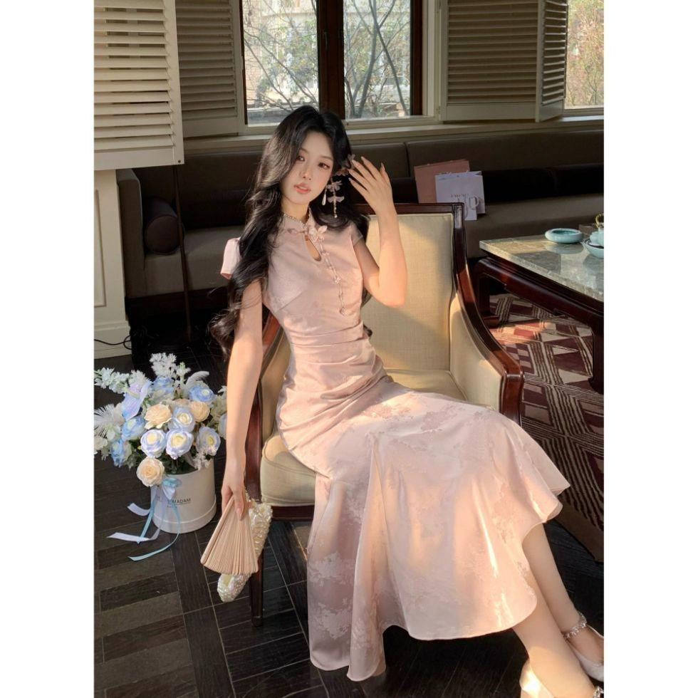 Gentle new Chinese stand-up collar jacquard waist light national style improved cheongsam slim fish tail dress S