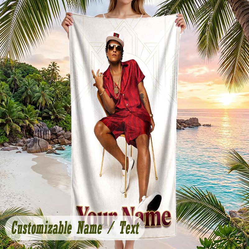 Bruno Mars Beach Towel, Personalized Custom Name Text, Quick Dry Large Absorbent Towel For Beach Pool