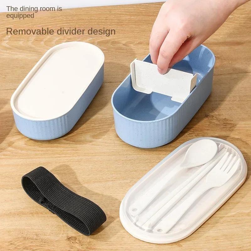 Doppelschichtige tragbare Lunchbox mit Gabel und Löffel, Mikrowellen-Bento-Boxen, Geschirrset, Vorratsbehälter für Lebensmittel