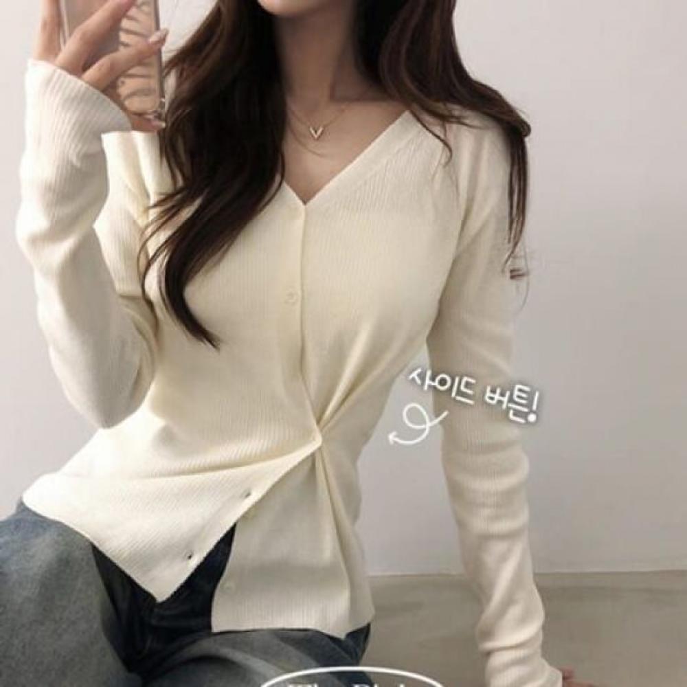 The Pink Slim Fit V Neck Side Button Wool Cardigan Haroon