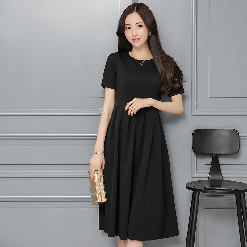

women s Slim Fit Round Neck Short Sleeve A Line Midi Dress Hepburn Style Vintage Swing Dress 2XL чорний